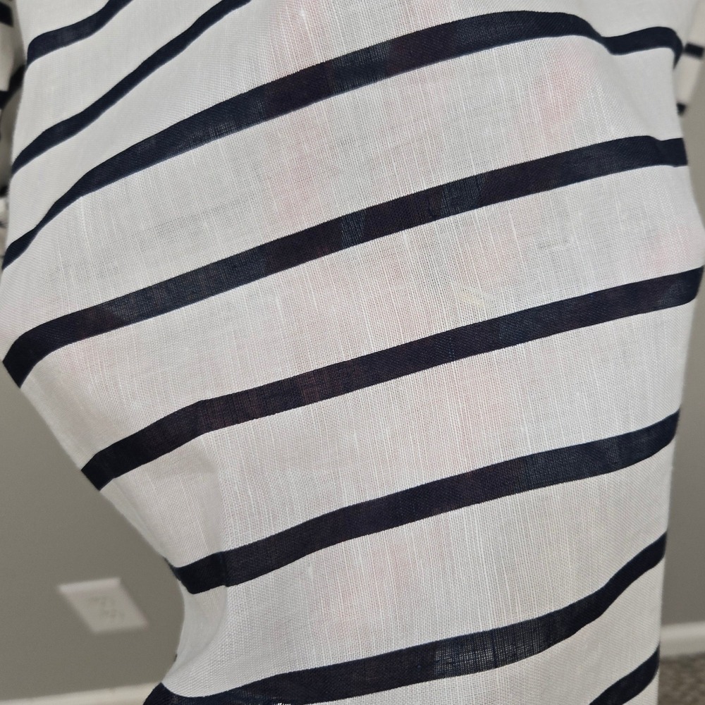 Linen Blend Stripe Shirt Top Women Large Coastal Grandma Nautical Split Neck Top - Picture 6 of 9